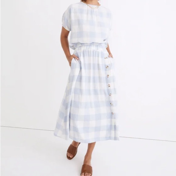 Madewell Dresses & Skirts - Madewell Linen-Blend Side-Button Midi Skirt in Gingham Check
